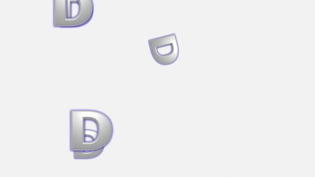 Dynamic 3d Silver Letter D Falling Animation With Purple Glow On White Background  Seamless Loop Motion Graphics Element.abstract 3d Silver Letter D Pattern With Purple Neon Glow On White Background  