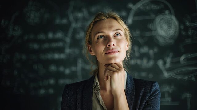 Thoughtful woman scientist having an eureka moment while solving a complex mathematical equation on a chalkboard. A smart female teacher feeling inspired by her scientific discovery