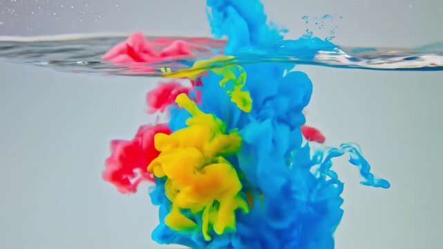 Bright blue, yellow, and pink ink clouds swirl and mix underwater, creating a mesmerizing and vibrant display. The colorful paints blend together seamlessly, forming unique and abstract shapes in moti