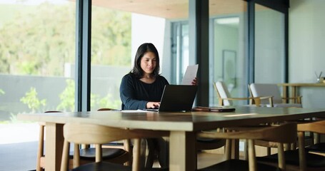 Business woman, laptop and remote work with document, real estate opportunity or listing services online. Realtor, reading and paperwork for housing website, home post or property consulting project