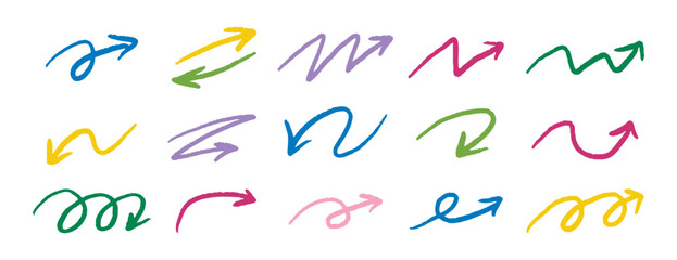 Hand drawn colorful arrows doodle set line art directional design
