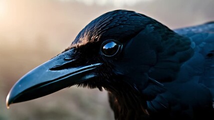 A close-up shot of a black raven highlights its glossy feathers and sharp beak in the soft morning light. The mysterious bird’s piercing eye gives the scene an enigmatic, dramatic feeling. - Powered by Adobe