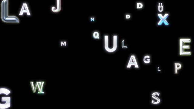 Abstract Flying 3d Letters Animation: Glowing Metallic Alphabet Characters Moving Randomly On Black Background, Ideal For Digital Data, Technology, Education, And Communication Concepts.shiny 3d Chrom - Powered by Adobe