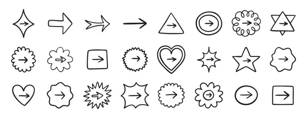 Cute arrow in frame set for bullet journal doodle hand drawn icon set. Diary note arrow elements in the shape of flower, star, heart, circle.