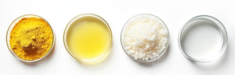 Four diverse chemical raw materials display different forms in clear glass dishes. Yellow powder, pale liquid, white granules, clear liquid common cosmetic, toiletry ingredients. Substances prepared