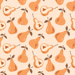 Seamless pattern with pear on color background. Natural delicious fresh ripe tasty fruit. Sweet pears with leaves. Food concept. Vector illustration for print, fabric, textile.