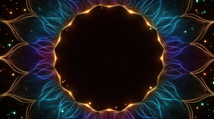 A symmetrical, glowing floral-like design with a central black void and colorful flowing lines