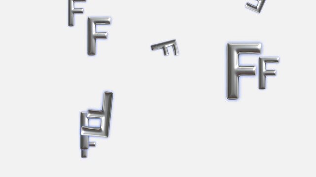 Falling Silver 3d Letter F Animation On White Background  Alphabet Typography Loop,floating Metallic Silver Letter Fs With Blue Glow On White Background - 3d Rendered Alphabet Character