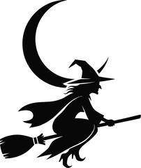 Black silhouette of a witch flying on a broomstick in front of a crescent moon, a classic Halloween motif.