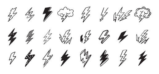 Doodle set lightning line art. Hand drawn lightning icons