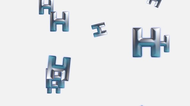 Dynamic 3D Metallic H Letters Falling and Floating Abstract Alphabet Animation on White, Perfect for Tech, Science, and Modern Design Backgrounds,Abstract 3D Metallic Letter H Characters with Blue Neo