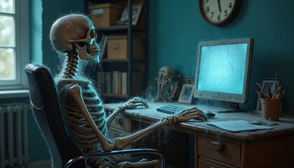 Skeleton sitting at office desk with a cobweb covered computer and desk. Skeleton appears to be waiting possibly for an update or a process. Conceptual work scene.