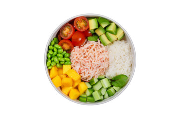 Poke bowl with crab, avocado, mango and rice

Japanese sushi bowl with crab, vegetables and rice

Colorful poke bowl with imitation crab and fresh ingredients