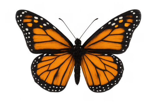 Monarch butterfly spreading wings with transparent background