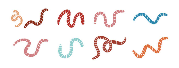 cartoon cute worm or earthworm set icons. Colorful worms with stripes collection 