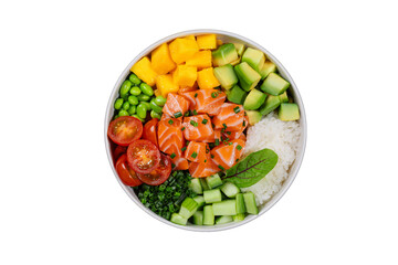 Poke bowl with salmon, avocado, mango and vegetables

Japanese sushi bowl with salmon cubes and fresh ingredients

Colorful poke bowl with salmon and vegetables
