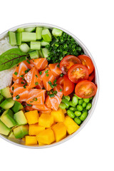 Poke bowl with salmon, avocado, mango and vegetables

Japanese sushi bowl with salmon cubes and fresh ingredients

Colorful poke bowl with salmon and vegetables
