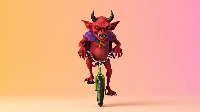 Funny cartoon devil riding a bicycle with a cape.
