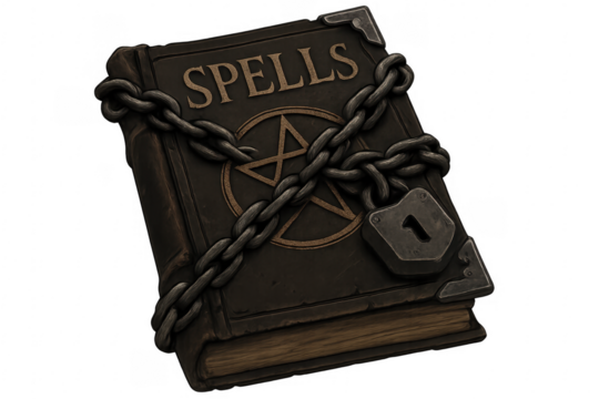 Spellbook locked with chains and padlock