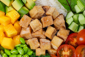 Vegan poke bowl with tofu, avocado, mango and vegetables

Japanese vegetarian sushi bowl with tofu and fresh ingredients

Colorful tofu poke bowl with avocado, cucumber and chuka
