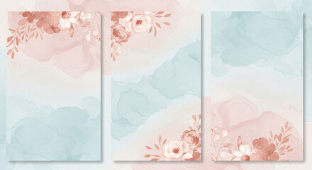 Three blush pink and blue watercolor floral templates. Rose gold glitter flower design. Elegant wedding invitation card.