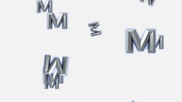 Dynamic 3D Metallic M and W Letters Falling and Dissolving on White Background Seamless Loop,Dynamic 3D Silver M Letters with Luminous Blue Glow on White Background - Abstract Metallic Typography Desi
