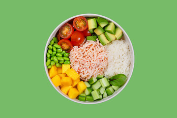 Poke bowl with crab, avocado, mango and rice

Japanese sushi bowl with crab, vegetables and rice

Colorful poke bowl with imitation crab and fresh ingredients