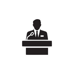 Vector art of a speaker stands behind a podium, delivering a speech or presentation, he is wearing a suit and tie, and there is a microphone