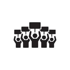 Vector art of a group of protesters holding signs in the air, they are standing together and appear to be marching or demonstrating