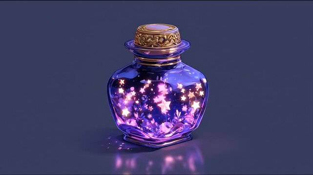 Magical potion bottle with stars and glitter isolated on dark background