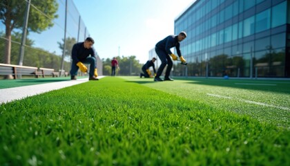 Men working on sports field installation. Workers install lawn. Sports ground construction. Grass field maintenance. Team building project outdoors. Sport infrastructure.