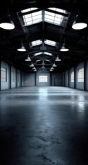 A vast, empty industrial space with high ceilings, skylights, and hanging lights, ominous lighting
