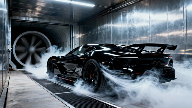 Sleek black sports car aerodynamic testing in wind tunnel facility