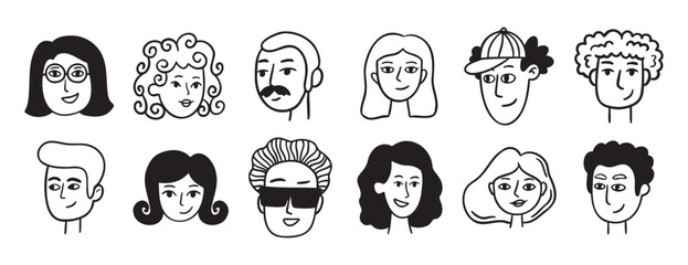 people avatars for social media, website doodle hand drawn icon set. Outline drawing trendy portraits girls and guys line clipart symbol collection. 