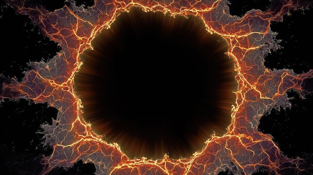 A circular void surrounded by crackling, fiery energy against a black background, glowing