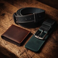 Classic leather belt and wallet set for men on a rustic wooden background