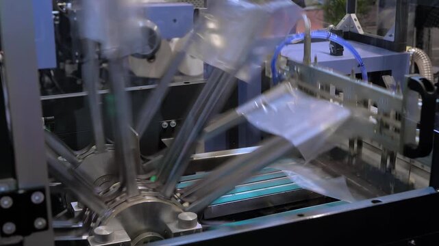 Rotating sorter of automatic plastic bag making machine for sorting finished packages after cutting at trade show, exhibition - plastic production industry