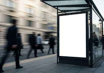 Mockup of a vertical blank billboard advertisement at a busy city bus stop shelter, with blurred commuters and traffic moving rapidly in the background, perfect for OOH advertising concepts. (186 char