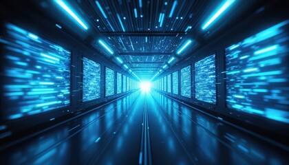 Futuristic tunnel with blue data streams. High tech interior with bright light at end. Modern digital design for data transfer and speed. Innovation.