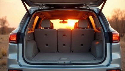 Car trunk open at sunset in a dry landscape. Vehicle is clean and empty, suggesting travel preparation or arrival. Sun shines warmly through rear window.