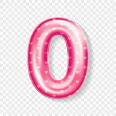 Editable 3D Pink Heart Balloon Number 0 Isolated on Transparent Background with Cute Design for Birthday or Party