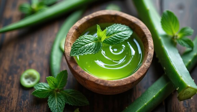 Green aloe vera gel with mint leaves sits in wooden bowl. Fresh aloe stalks, mint sprigs surround on dark wood table. Natural mix great for skin care, health, beauty. Offers organic treatment, fresh, - Powered by Adobe