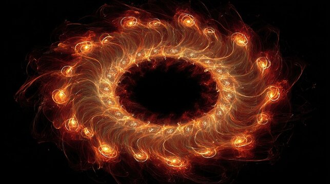 Fiery, circular energy display featuring an inner void and swirling, luminous tendrils and spheres on dark background - Powered by Adobe