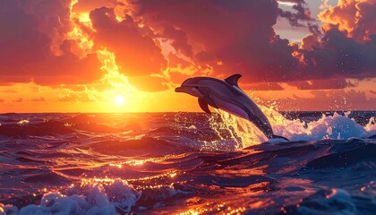 Fototapeta premium Dolphin leaps at fiery sunset over ocean waves
