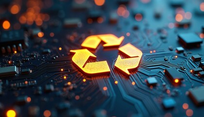 Glowing recycle symbol integrated into circuit board tech. Digital illustration represents eco-friendly electronics recycling process. Image shows futuristic digital environment with sustainability