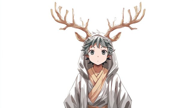 An anime-style person, hair short and grey, wearing a hooded robe with deer-like antlers. White background