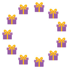 Round frame with gift boxes. Festive design. Isolated background. Flat style vector illustration