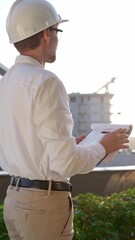 Man construction engineer wearing white shirt and hard hat is making notes on a clipboard while...