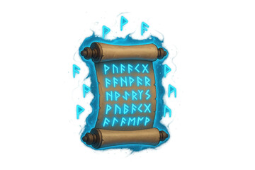 Ancient magic spell scroll with glowing runic letters