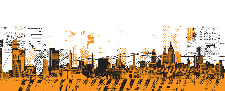 Abstract vector banner with space for text on theme urbanism. Grunge street art on the background of geometric architecture, silhouettes of skyscrapers of the big city. T-shirt design. No ai 